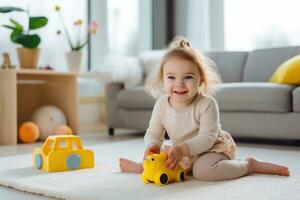 niña jugando con juguetes en un guardería con amarillo paredes foto