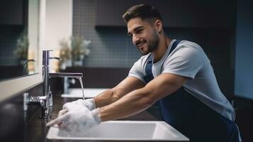 young attractive man wash bathroom. home cleaning photo