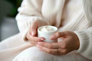 woman applying cream on her hands photo