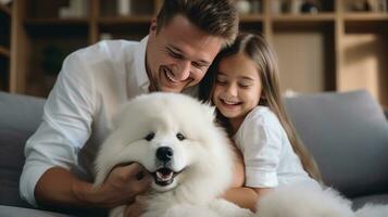 dad with a girl of 10 years old plays with white fluffy photo