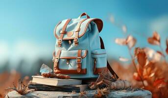 Books with backpack over the sky and some falling leaves photo