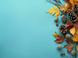 Autumn leaves and white pine cones on turquoise background photo