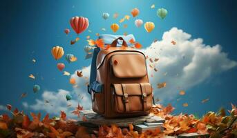 Books with backpack over the sky and some falling leaves photo