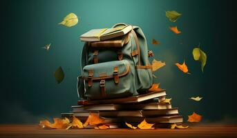 Books with backpack over the sky and some falling leaves photo