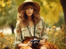 Beautiful female autumn woman with camera in park photo