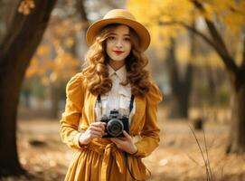 Beautiful female autumn woman with camera in park photo