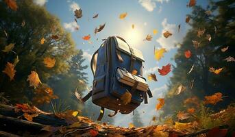 Books with backpack over the sky and some falling leaves photo