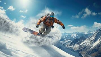 Man in ski goggles rides a snowboard from a snowy mountain photo