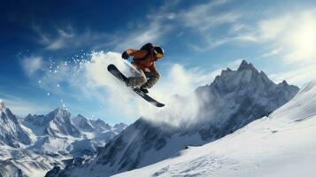 hombre en esquí gafas de protección paseos un tabla de snowboard desde un Nevado montaña foto
