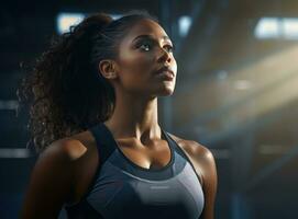 Young beautiful afro american beauty exercising in gym photo