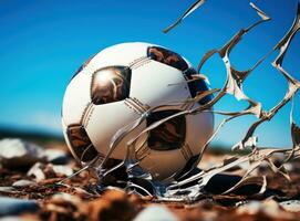 Soccer ball lying in the goal net photo