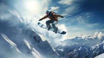 Snowboarder on the slope with blue sky on background photo