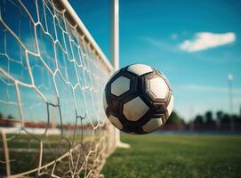 Soccer ball lying in the goal net photo