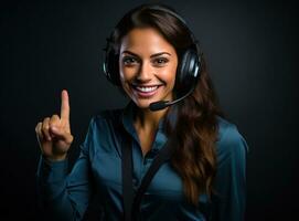 representante joven mujer operador vistiendo un auriculares foto