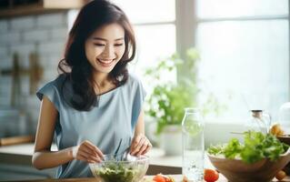Asian woman preparing breakfast in the kitchen photo
