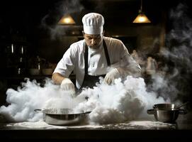 Chef in hat and glasses preparing food grilled in a pan photo