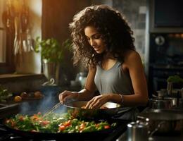 Woman cooking vegetables with pan on stove photo