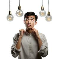 Thinking, face and asian man with decision isolated photo