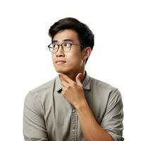 Thinking, face and asian man with decision isolated photo