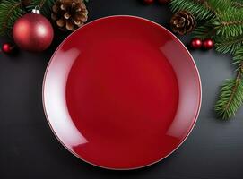 A plate with decorations on white table for christmas time photo