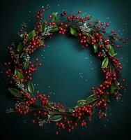 Holiday pine wreath on dark background photo