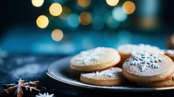 Tasty homemade Christmas cookies on blue plate photo