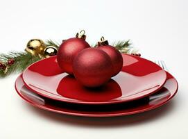 A plate with decorations on white table for christmas time photo