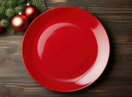 A plate with decorations on white table for christmas time photo