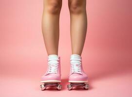 A woman standing in a pink skateboard with a pair of light pink rollerskates photo