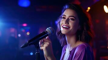 Beautiful girl in karaoke club photo