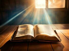 abierto Biblia con luces de sol foto