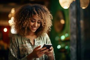 hermosa negro mujer participación su célula teléfono con dedos en el pantalla foto