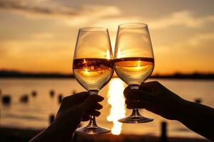 Glasses of wine with sunset sky background photo