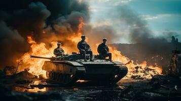 Military white men on a burnt tank photo