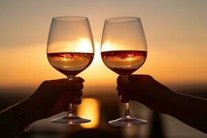 Glasses of wine with sunset sky background photo