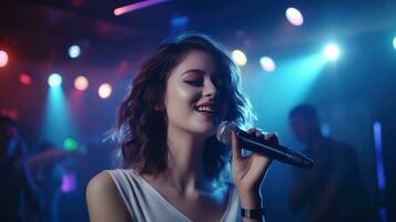 Beautiful girl in karaoke club photo