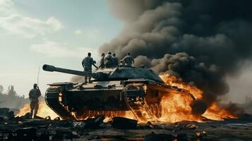 Military white men on a burnt tank photo