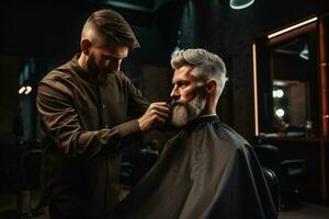 A hairdresser with a beard in a black coat cuts a client's hair photo