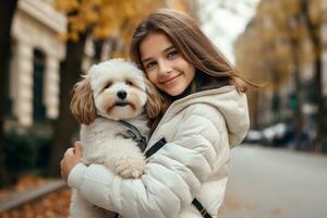 niña en un blanco chaqueta caminando abajo el calle con un perro en su brazos foto