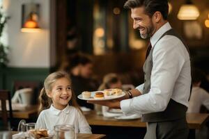 Waiter serving coffee to girl at table photo