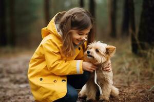 Girl dressing a dog in a yellow jacket photo