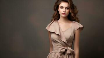 Fashion model in beige dress photo