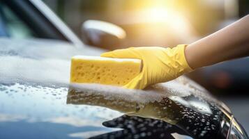 Worker washing car with car wash sponge photo