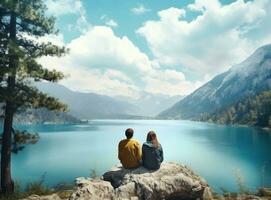 Couples looking at a lake in the mountains photo