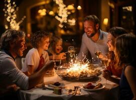 Family toasting and enjoying food with sparklers at dinner photo