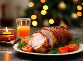 Christmas dinner with roasted ham photo