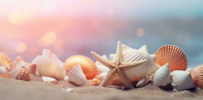 Sea shells and rocks on the beach photo