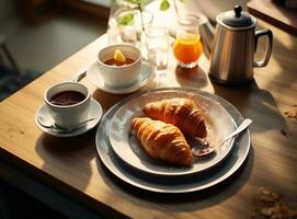 ligero desayuno antecedentes con croissants foto