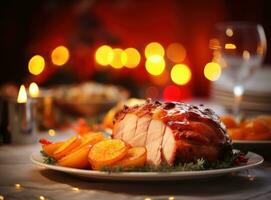 Christmas dinner with roasted ham photo