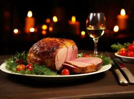 Christmas dinner with roasted ham photo